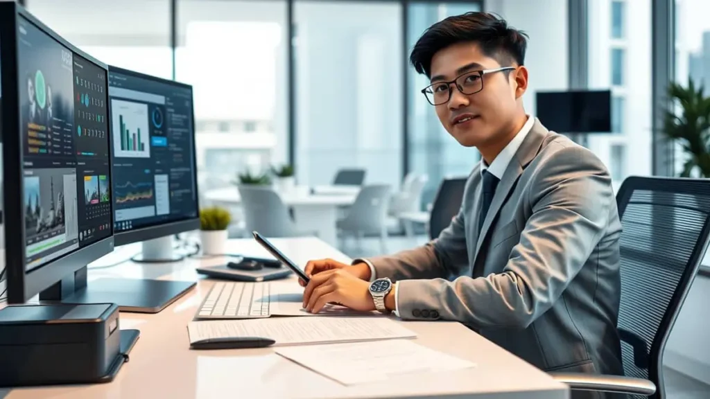 Profesional muda tersenyum saat bekerja di kantor modern, menunjukkan potensi kesuksesan karir