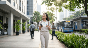 Ilustrasi cara mengurangi biaya transportasi harian dengan mencari kost strategis dekat stasiun dan halte bus lewat aplikasi PlatformKita.