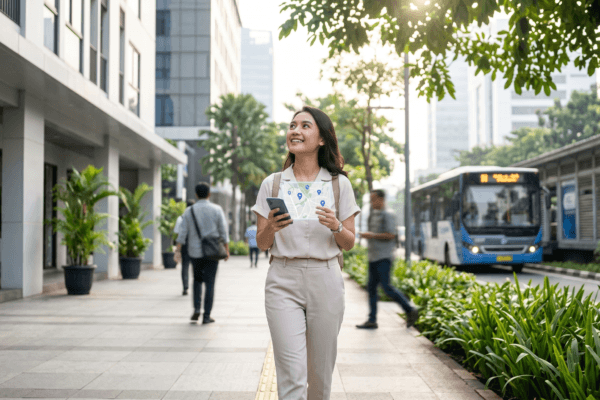 Ilustrasi cara mengurangi biaya transportasi harian dengan mencari kost strategis dekat stasiun dan halte bus lewat aplikasi PlatformKita.